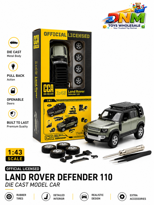 CCA Official Licensed Land Rover Defender 110 Diecast Model Car | 1:43 Scale Pull Back Metal Toy SUV with 2-in-1 Tuning Kit