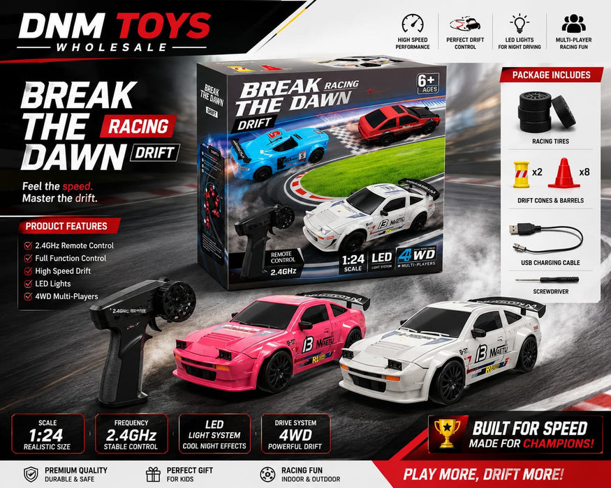 Break The Dawn 1:24 Scale 4WD High-Speed RC Drift Car — Multi-Player Racing Series with LED Lights