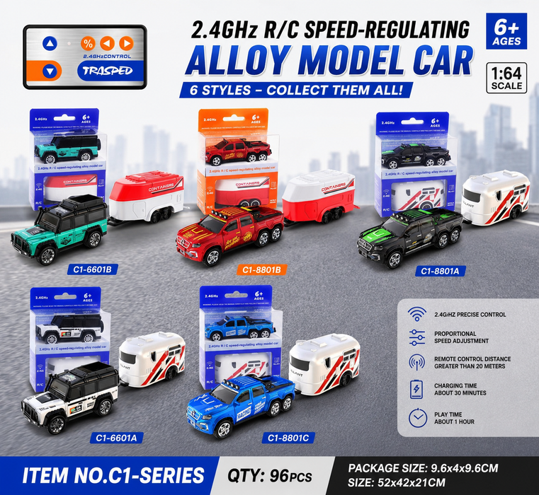 TRASPED C1-Series 1:64 Scale 2.4GHz R/C Speed-Regulating Alloy Model Car with Container Trailer