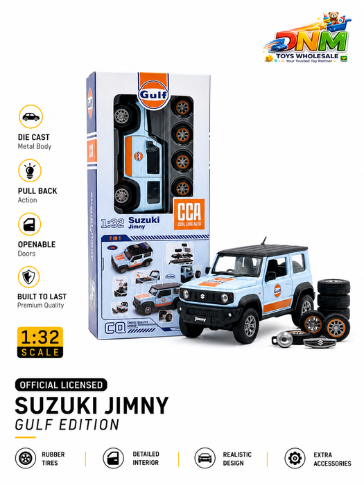 CCA Official Licensed Suzuki Jimny Gulf Edition Diecast Model Car | 1:32 Scale Pull Back Metal Toy SUV with 2-in-1 Tuning Kit [ PACK 1 ]