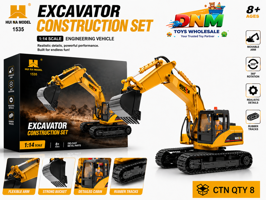 Huina 1535 1:14 Scale RC Excavator Construction Set – Heavy-Duty Remote Control Engineering Vehicle