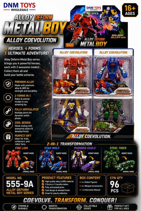 555-9A Alloy Deform Metal Boy 12 PCS Transforming Robot Animal Set