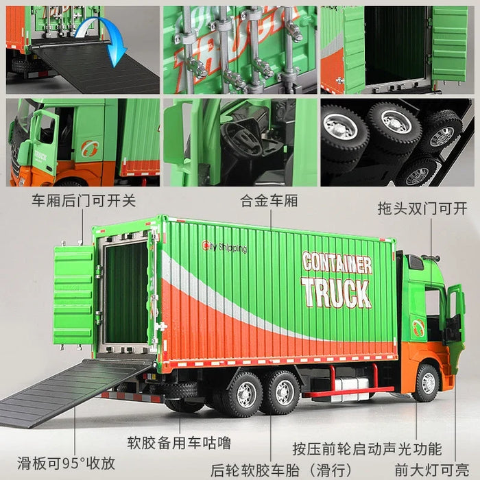 1:24 Diecast Heavy Container Truck with Light & Sound, Pull Back, Openable Doors | Metal Toy Model (1851 Edition)