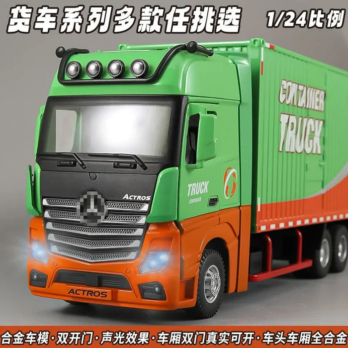 1:24 Diecast Heavy Container Truck with Light & Sound, Pull Back, Openable Doors | Metal Toy Model (1851 Edition)
