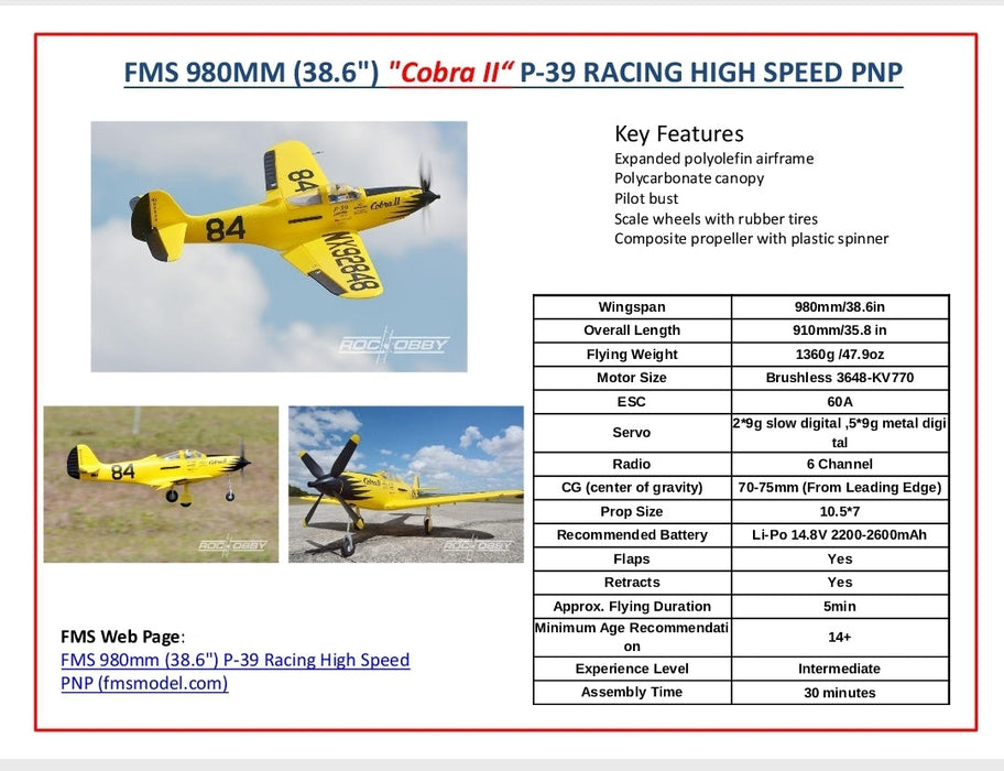 Fms 980Mm (38.6") "Cobra Ii“ P-39 Racing High Speed Pnp