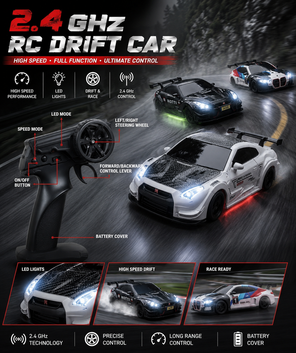 88RC 1:43 Alloy Remote Control Mini Drift Car Set (MOQ: 3 Models) – 2.4GHz 4WD High-Speed RC Car with DIY Detachable Body & Multi-Light Modes | 3 Assorted Models Only (No Single Piece)