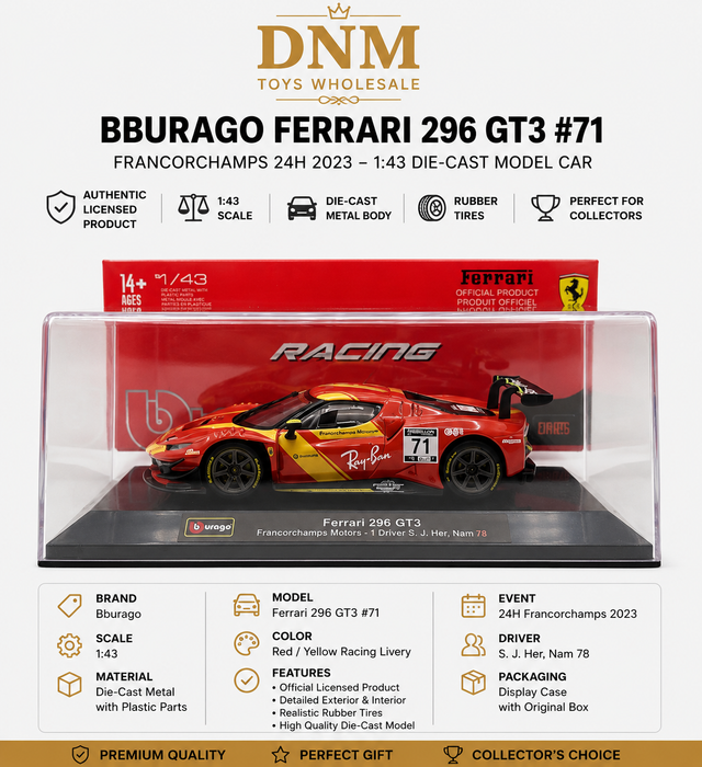 Bburago Ferrari 296 GT3 #71 Ð 24H Francorchamps 2023 | 1:43 Die-Cast Model Car