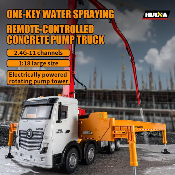 Huina 1381 1:18 11CH RC Concrete Pump Truck with 120cm Pump Arm Realistic Water Spray and Rotating Platform Construction RC Toys