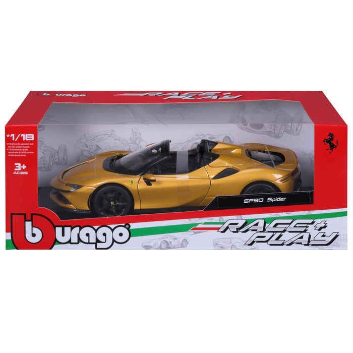 Bburago Ferrari SF90 Spider 1:18 Scale Yellow Diecast Model Car – Race & Play Collectible