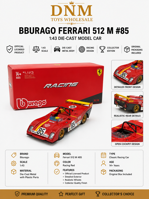Bburago Ferrari 512 M #85 Classic Endurance Racer Ð 1:43 Die-Cast Model Car