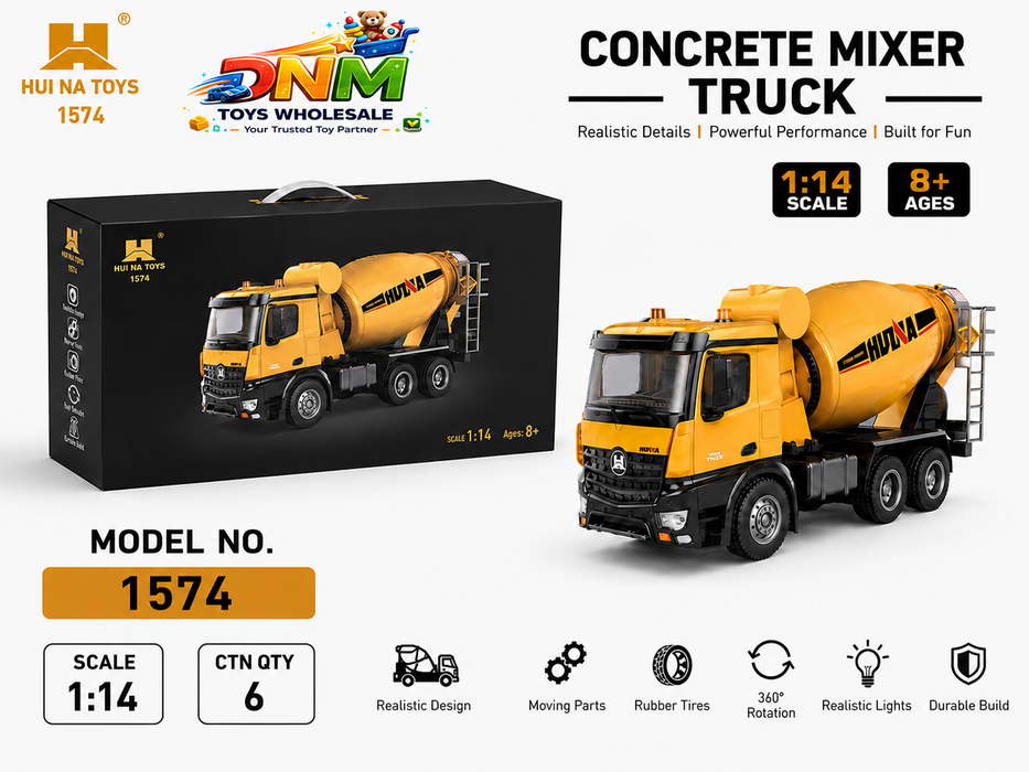 Huina 1574 1:14 Scale RC Concrete Mixer Truck – Professional Remote Control Construction Vehicle