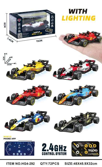 Mini Racer 1:64 Scale Die-Cast Metal F1 RC Racing Car — 3-Speed Adjustable Formula Car with LED Lights & App Control