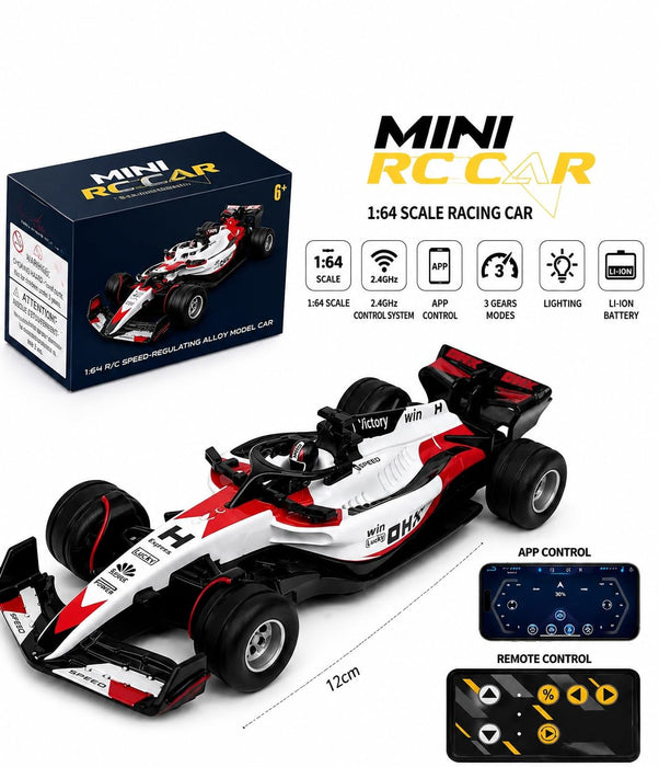 Mini F1 RC Race Car — 1:64 Scale 2.4GHz Remote Control Racing Car with App Control, LED Lights & Li-ion Battery