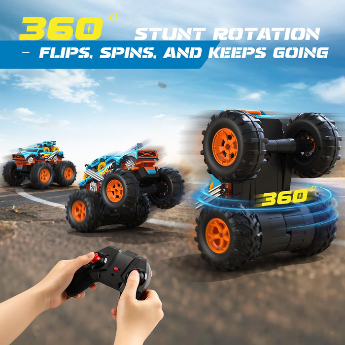 2-IN-1 REMOTE CONTROL CAR WITH TRANSFORM LAUNCHER TRACK – 1:16 RC MONSTER TRUCK TOYS 2.4GHZ, SELF-STANDING 360° FLIPS TOWING MINI CAR
