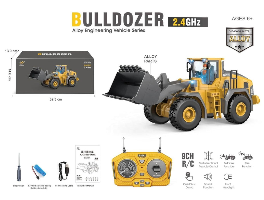 9CH Remote Control Bulldozer Toy - Die-Cast Metal RC Construction Truck (Ages 6+)