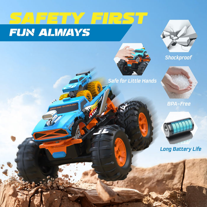 2-IN-1 REMOTE CONTROL CAR WITH TRANSFORM LAUNCHER TRACK – 1:16 RC MONSTER TRUCK TOYS 2.4GHZ, SELF-STANDING 360° FLIPS TOWING MINI CAR