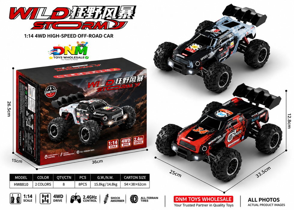 Wild Storm 1:14 Scale 4WD High-Speed Off-Road Monster Truck — All-Terrain Remote Control Car with Shock Absorbers
