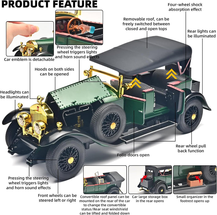 Rolls-Royce Phantom I 1:24 Scale Vintage Classic Car Model – Green & Gold Luxury Collectible