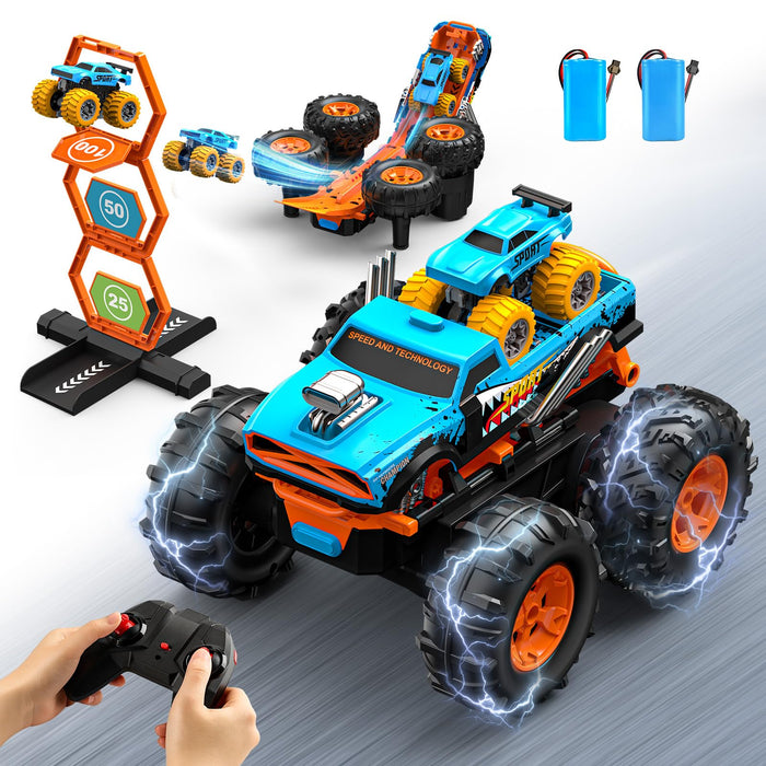 2-IN-1 REMOTE CONTROL CAR WITH TRANSFORM LAUNCHER TRACK – 1:16 RC MONSTER TRUCK TOYS 2.4GHZ, SELF-STANDING 360° FLIPS TOWING MINI CAR