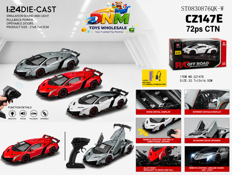 CZ147E 1:24 Scale Lamborghini Veneno RC Sports Car – Die-Cast Metal Remote Control Supercar with Scissors Doors