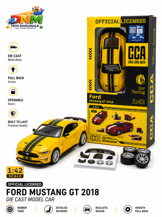 CCA Official Licensed Ford Mustang GT 2018 Diecast Model Car | 1:42 Scale Pull Back Metal Toy Muscle Car with 2-in-1 Tuning Kit [ 1 PACK ]
