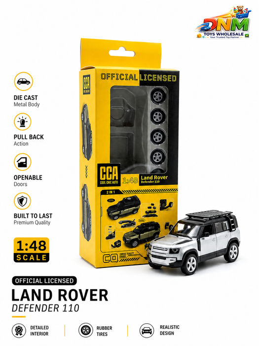 CCA Official Licensed Land Rover Defender 110 Diecast Model Car | 1:43 Scale Premium 2-in-1 Tuning Set Metal Toy SUV (Silver & Black)