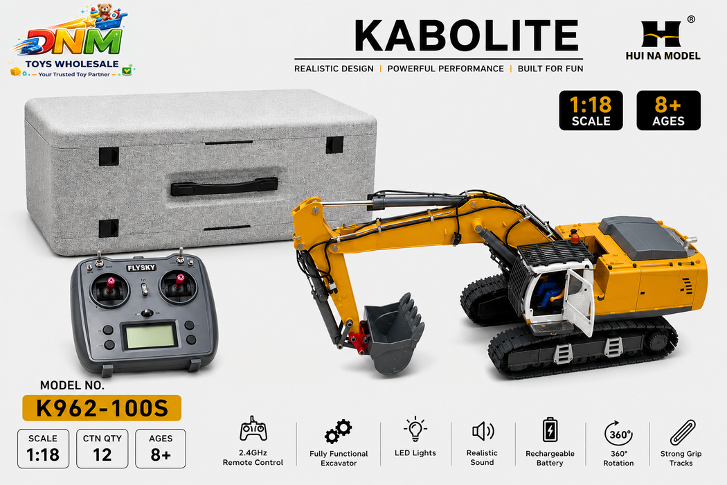 KABOLITE K962-100S 1:18 Full Metal RC Hydraulic Excavator with 2.4GHz Remote Control, LED Lights, Realistic Sound & 360° Rotation | Professional Construction Model