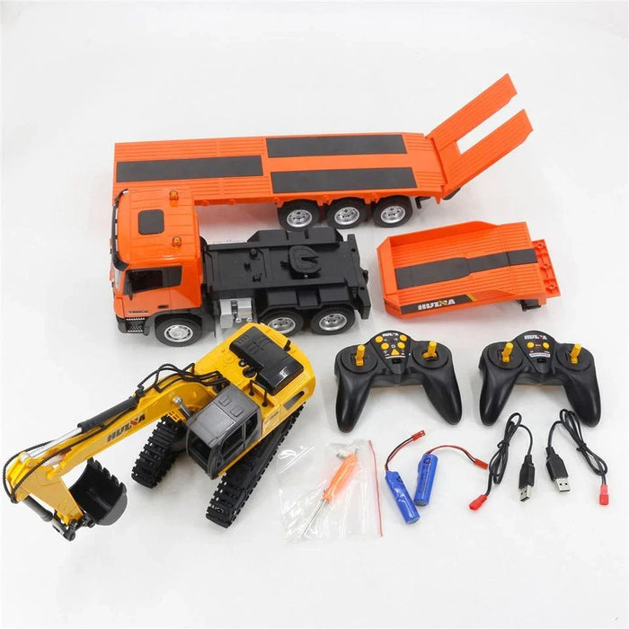 1:18 Huina 1319 RC Tractor Truck and RC Excavator with Flatbed Trailer Car Toys
