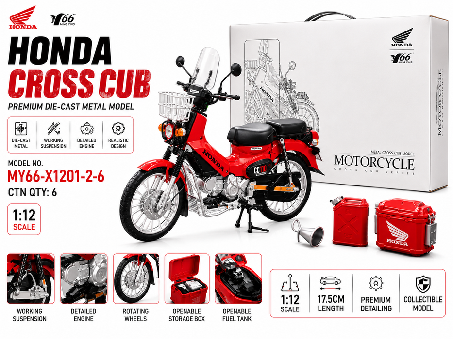Honda Cross Cub Die-Cast Motorcycle Model with Smoke Function – 1:12 Scale