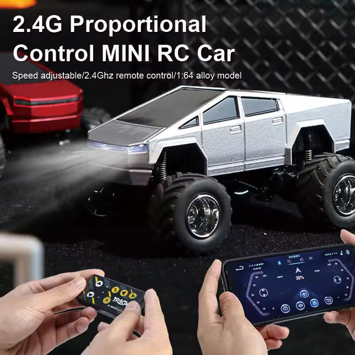 Mini Racer 1:64 Scale Die-Cast Metal Cybertruck Style RC Monster Truck — 2.4GHz Mini Off-Road Crawler with LED Lights & App Control