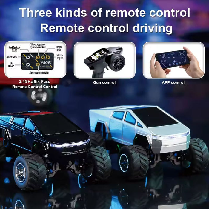 Mini Racer 1:64 Scale Die-Cast Metal Cybertruck Style RC Monster Truck — 2.4GHz Mini Off-Road Crawler with LED Lights & App Control