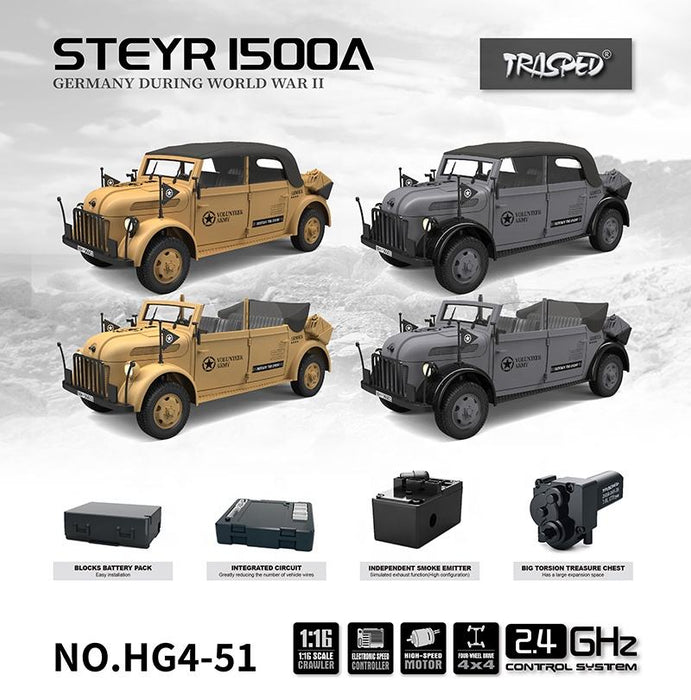 STEYR 1500A HG4-51 PRO RC MILITARY CAR 1:18 GERMAN MILITARY COMMAND VEHICLE 2.4G 4WD RTR DARK ARMY