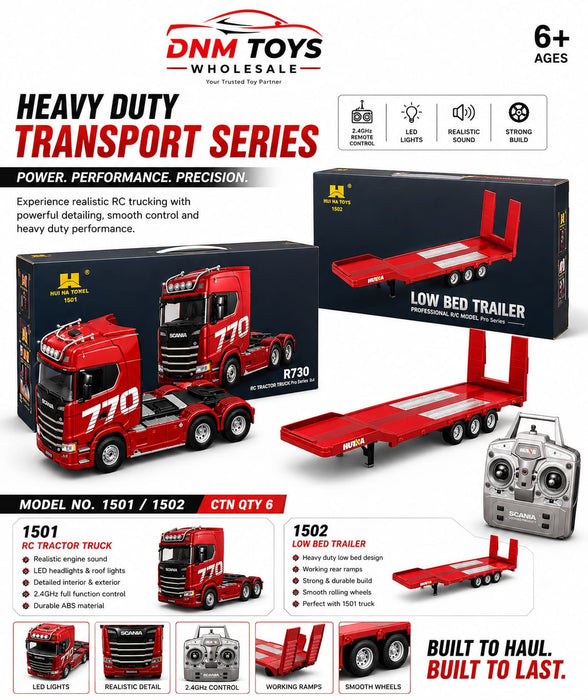 HUINA 1501 + 1502 RC Tractor Truck & Low Bed Trailer Combo | 2.4GHz Remote Control Heavy Duty Transport Set