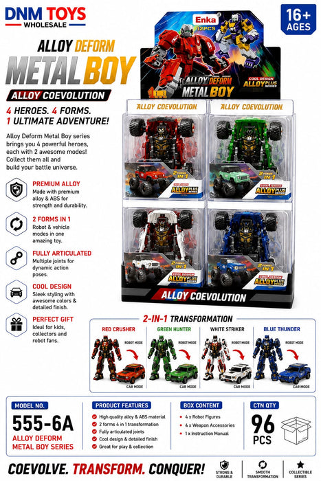 555-6A Alloy Deform Metal Boy 12 PCS Transforming Robot Car Set