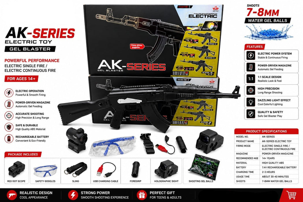 AK-Series Electric Gel Blaster Toy | 7–8mm Water Gel Ball Blaster with Red Dot & Holographic Sights