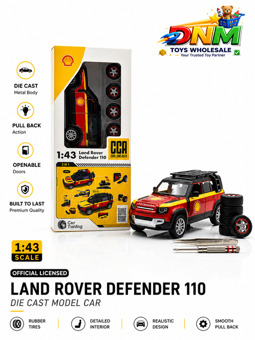 CCA Official Licensed Land Rover Defender 110 Shell Edition Diecast Model Car | 1:43 Scale Pull Back Metal Toy SUV with 2-in-1 Tuning Kit