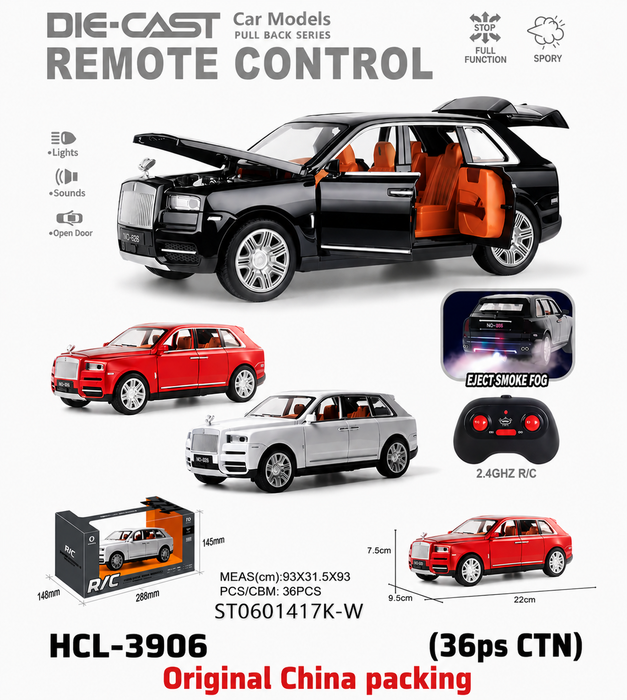 HCL-3906 1:24 Scale Rolls-Royce Cullinan RC SUV – Die-Cast Metal Remote Control Luxury Car with Smoke Fog Effect