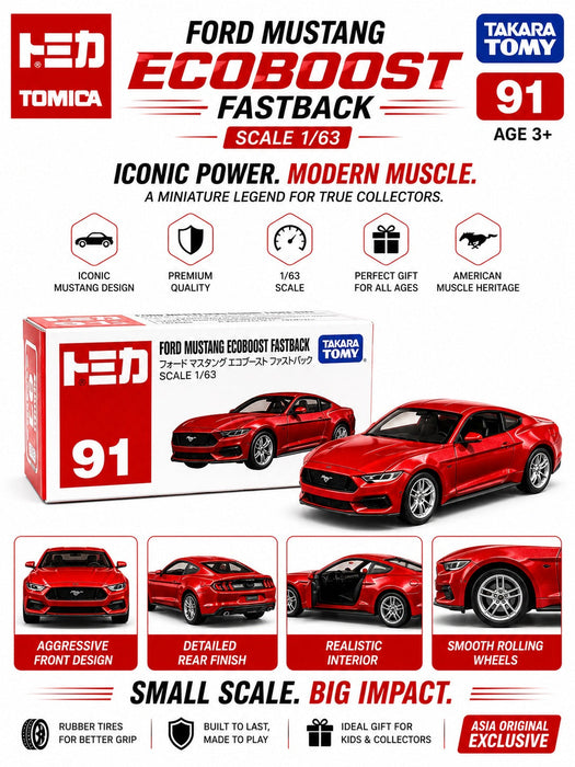 Tomica 91 Ford Mustang EcoBoost Fastback Diecast Premium Toy Car Model 1:63 Scale