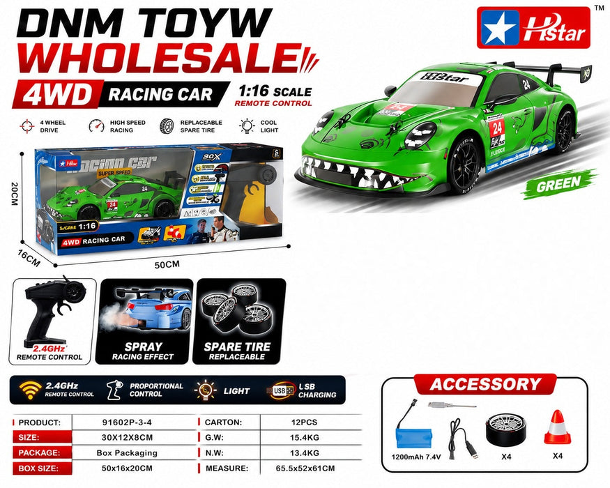 91602P-3-4 1:16 Scale 4WD High-Speed RC Racing Car with Spray Effect & Spare Tires
