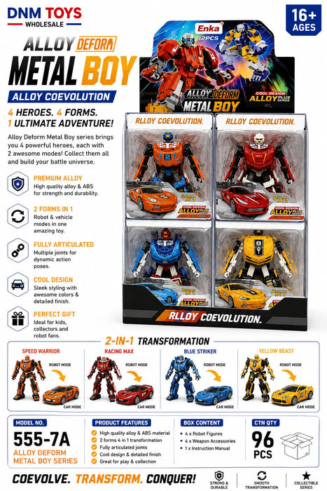 555-7A Alloy Deform Metal Boy 12 PCS Set – Transforming Robot Car Figures, Alloy & ABS Collectible Toy Set