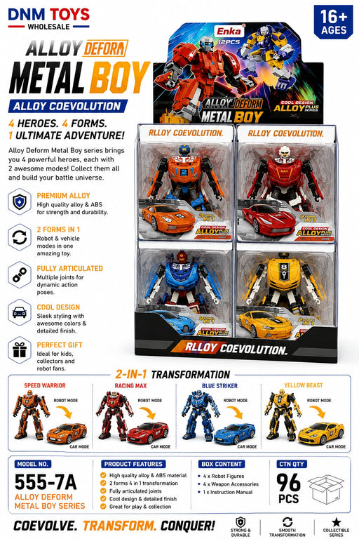 555-7A Alloy Deform Metal Boy 12 PCS Set – Transforming Robot Car Figures, Alloy & ABS Collectible Toy Set