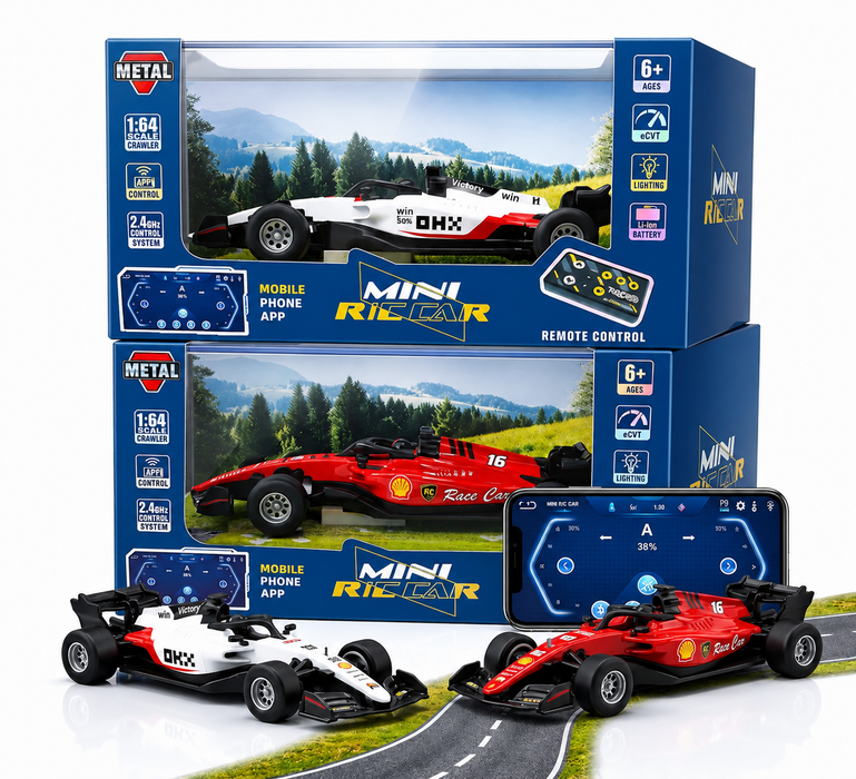 Mini F1 RC Race Car — 1:64 Scale 2.4GHz Remote Control Racing Car with App Control, LED Lights & Li-ion Battery