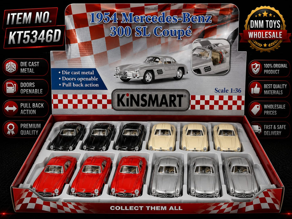 Kinsmart 1954 Mercedes-Benz 300 SL CoupŽ Die-Cast Model Car Display Set (12 PCS Assorted Colors) Ð 1:36 Scale Pull Back Collection