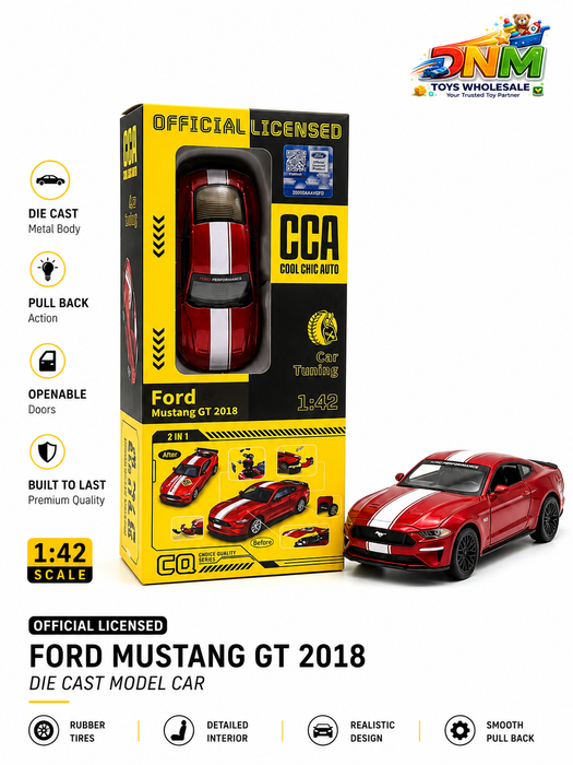 CCA Official Licensed Ford Mustang GT 2018 Diecast Model Car | 1:42 Scale Pull Back Metal Toy Muscle Car with 2-in-1 Tuning Kit [ 1 PACK ]