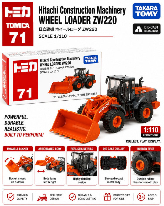 Tomica 71 Hitachi Wheel Loader ZW220 Diecast Model Car (1:110 Scale)