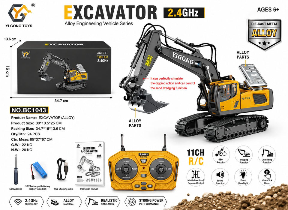BC1043 2.4GHz 11-Channel R/C Die-Cast Alloy Excavator Engineering Vehicle
