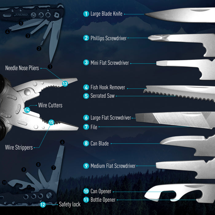 Pocket Multi Tool Pliers 15in1 Fuctions with Handheld LED Torch