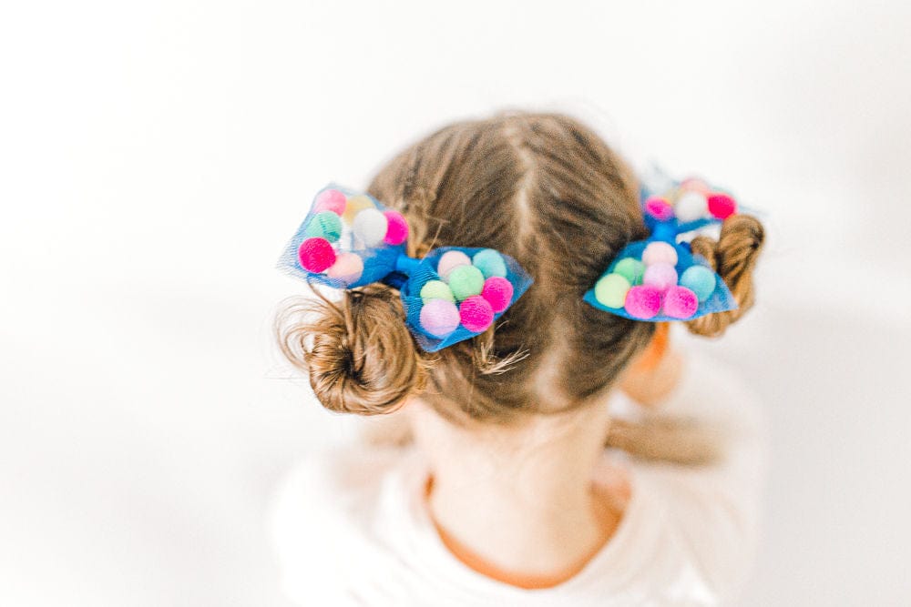 Bow Pom Pom Hair Ties | 4" Bow - 2Pcs | Soft Ponytail Holders with Strong Grip