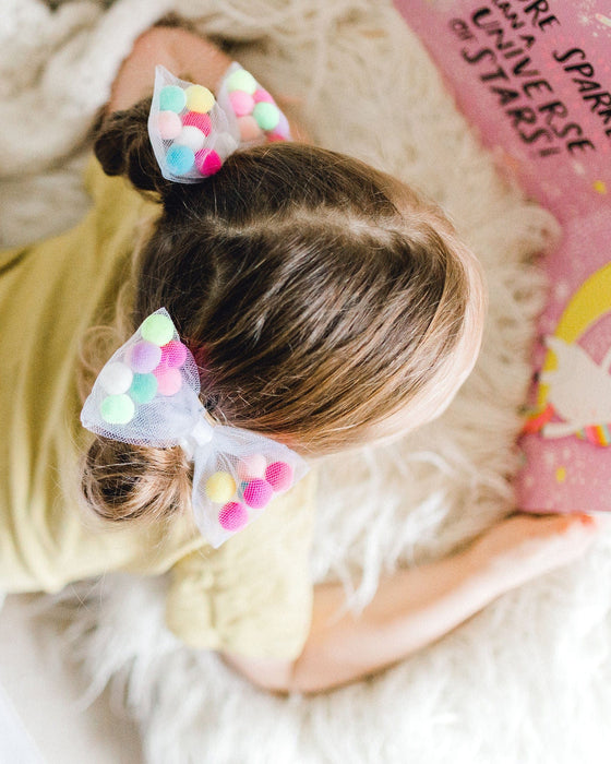 Bow Pom Pom Hair Ties | 4" Bow - 2Pcs | Soft Ponytail Holders with Strong Grip