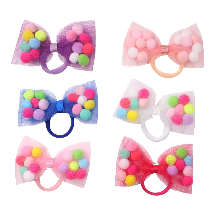 Bow Pom Pom Hair Ties | 4" Bow - 2Pcs | Soft Ponytail Holders with Strong Grip